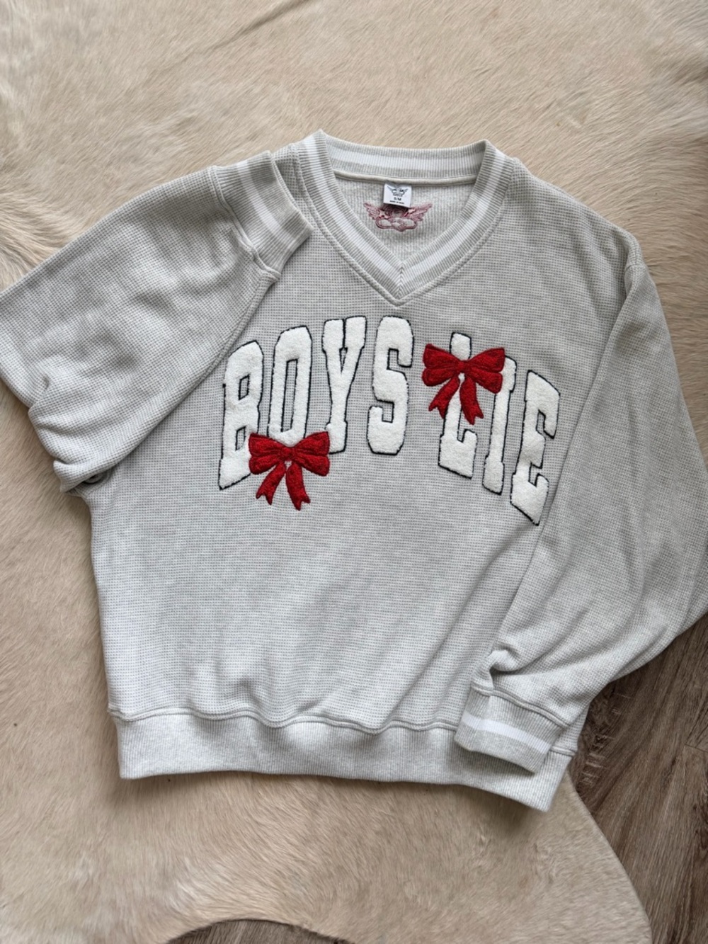 NWOT - Boys Lie Women's Grey Waffle V‑Neck Sweater with Red Bow Appliqués